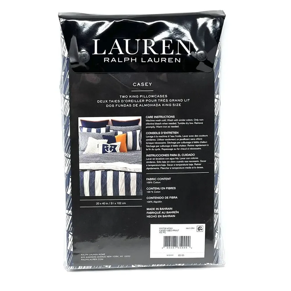 Ralph Lauren Casey King Pillowcases Navy Blue Cream PAIR of 2 Nautical Sails Geo